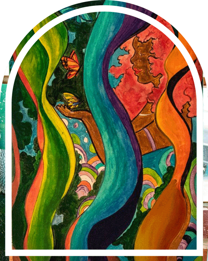 Arched image of a colorful painting, woman with butterflies.